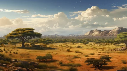 Zelfklevend Fotobehang h dry savanna landscape illustration tree travel, environment wild, natural africa h dry savanna landscape © sevector