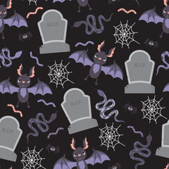 Vector seamless pattern with bats and gravestones on a black background