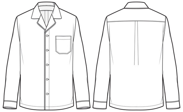 Men's long sleeves pajama shirt flat sketch illustration drawing, Lounge pyjama Woven shirt for sleep wear and casual wear fashion illustration template mock up