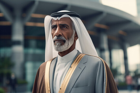 Senior Serious Arabian Man in UAE Traditional Outfit Looking Away