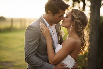 Bride and groom kissing on their wedding day