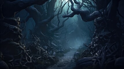 dark haunted forest spooky illustration halloween horror, fear scary, landscape mist dark haunted forest spooky - obrazy, fototapety, plakaty