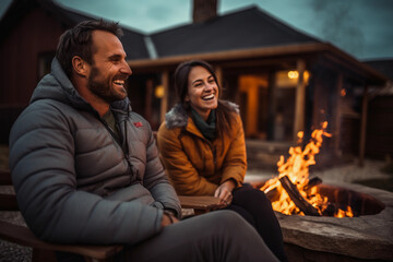 Photo of a young couple resting by the fire pit in front of the cabin house