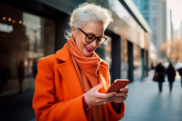  Fashion senior man wearing orange modern coat and using her smart phone