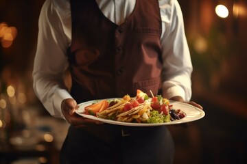 Waiter hands pick restaurant food. Serve pick. Generate Ai - obrazy, fototapety, plakaty