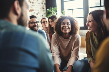 Diverse friends listening and comforting each other in group therapy session