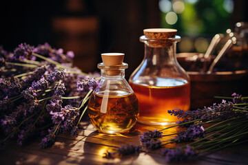Essential Aromatic oil and lavender flowers, natural remedies, aromatherap.