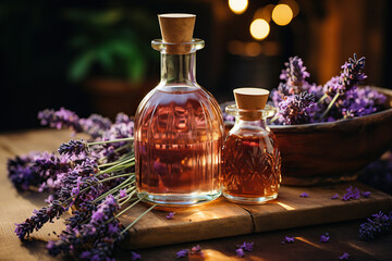 Obraz na płótnie Canvas Essential Aromatic oil and lavender flowers, natural remedies, aromatherap.