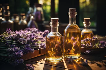 Schilderijen op glas Essential Aromatic oil and lavender flowers, natural remedies, aromatherap. © wolfhound911