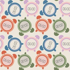 Seamless pattern with retro alarm clocks on beige background. Delicate print for textiles, clothing, banners, flyers, designs.