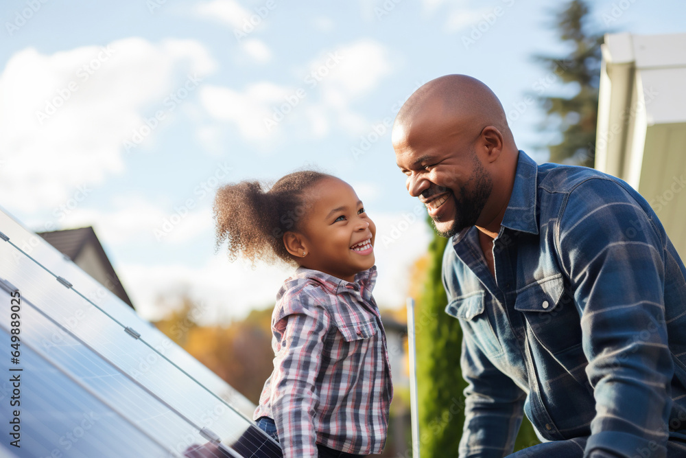 Wall mural african american father showing solar panels to daughter