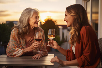 Smiling senior woman having glass of red wine while talking to her daughter during family meal on a patio, Mid adult woman talking to her senior mother during family gathering on a terrace at sunset
