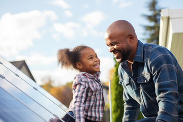 African American father showing solar panels to daughter