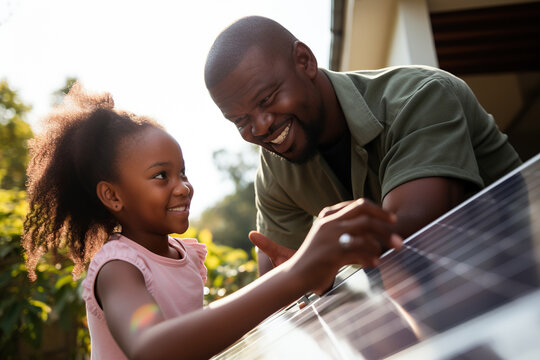 African American father showing solar panels to daughter