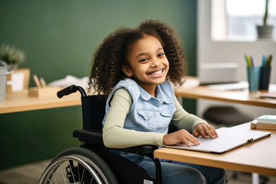 Portrait of smiling African American elementary girl studying while sitting on wheelchair at desk