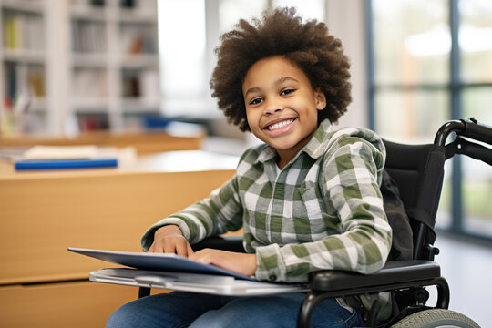 Portrait of smiling African American elementary boy studying while sitting on wheelchair at desk