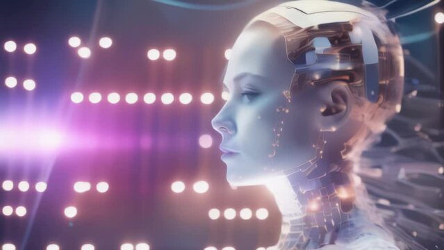 Beautiful Futuristic Android Woman & Control Room. Female Robot / Cyborg with AI. Artificial Intelligence, Science Fiction, Machine Learning,  Neural Network Animated Background. 