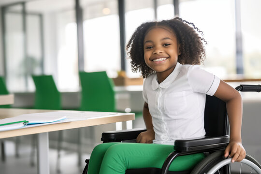 Portrait of smiling African American elementary girl studying while sitting on wheelchair at desk