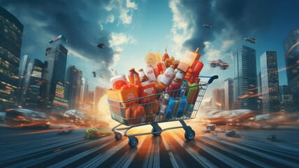 a turbocharged shopping cart speeding down a virtual online grocery store aisle. This visual should capture the essence of the high-speed online grocery shopping experience.