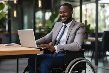 Smiling African American businessman with disability using laptop in wheelchair