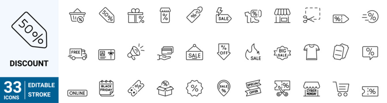 set of 33 line web icons discount, coupon, percent sign ribbon, discount code and more. Collection of Outline Icons. Vector illustration.