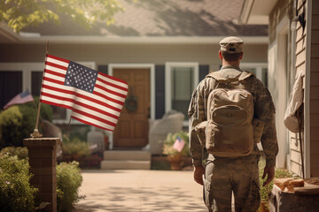 Rear view of Mid adult American serviceman coming back home after serving his country in the military - obrazy, fototapety, plakaty