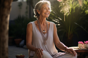 Happy senior woman meditating and exercising yoga, Cheerful woman following a holistic lifestyle at home