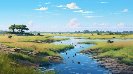 landscape lush river delta illustration green natural, view tourism, background beautiful landscape lush river delta