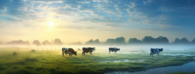 Panorama of grazing cows in a meadow with grass covered with dewdrops and morning fog, and in the background the sunrise in a small haze. - obrazy, fototapety, plakaty