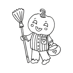 Jack-O-Lantern Pumpkin Head with broom. illustration for Halloween