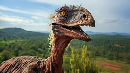 a prehistoric velociraptor with feathers