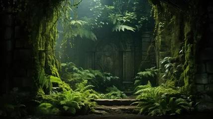 Foto op Plexiglas wood magical fern grotto illustration forest green, moss background, travel tree wood magical fern grotto © sevector