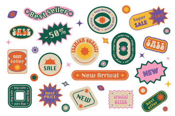 Patches, labels, tags, stickers, stamps for shopping and packaging. discounts, new collection. Vector groovy set