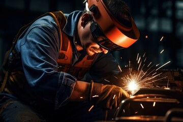 A skilled welder is diligently working on a piece of metal. This image captures the precision and expertise required in welding. Perfect for showcasing industrial work or manufacturing processes. - obrazy, fototapety, plakaty