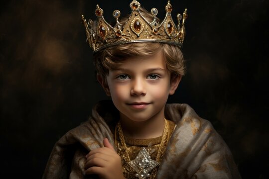 A young boy wearing a crown and a gold necklace. This image can be used to depict royalty, a prince, or a child playing dress-up.
