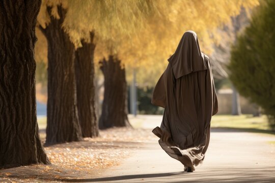A person is seen walking down a path wearing a hooded jacket. This image can be used to depict a lone traveler or someone exploring nature.