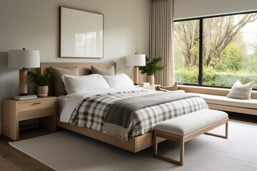 A serene contemporary bedroom with wooden coffee tables, plaid pillows, lush greenery, and sophisticated personal accents. Generative AI