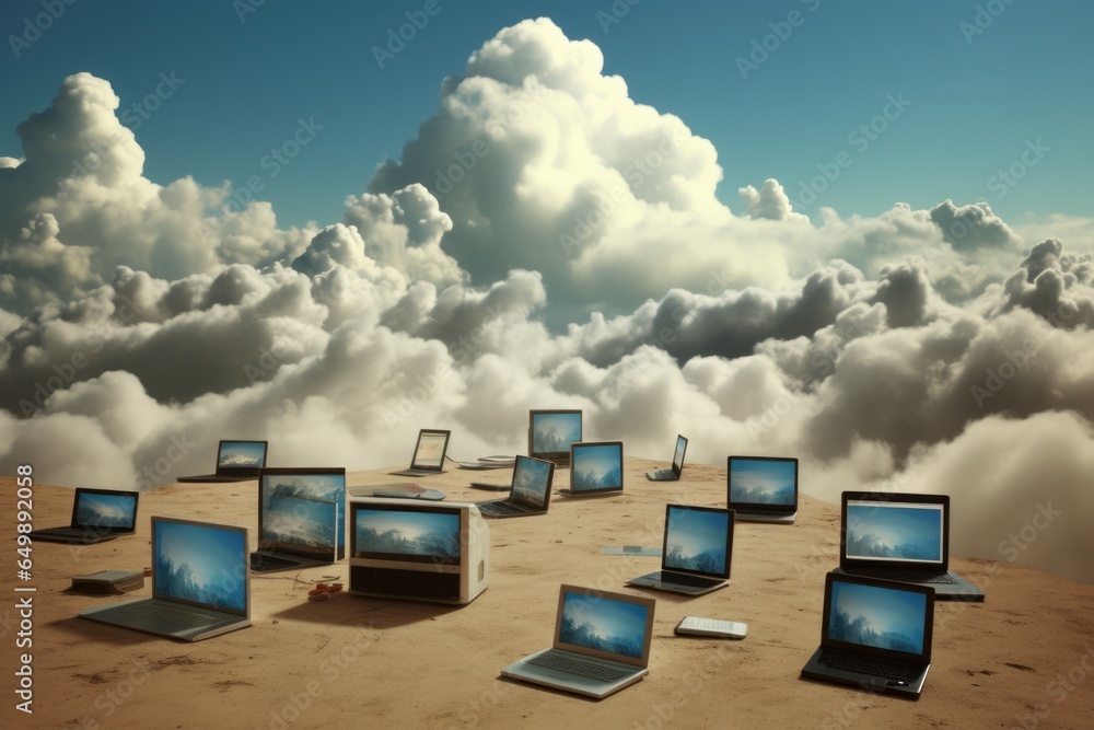 Poster interconnected cloud computing city. storage data. generate ai