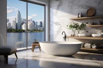 Foto op Plexiglas Modern luxury bathroom design. Panoramic windows,white bathtub, mirrors, towels, wooden furniture. You can see a beautiful view of skyscrapers, sea from the window © syhin_stas