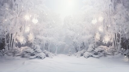  a snow covered forest with a bright light coming through the trees.  generative ai