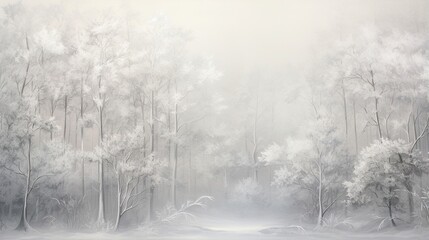  a painting of a foggy forest with trees in the foreground.  generative ai