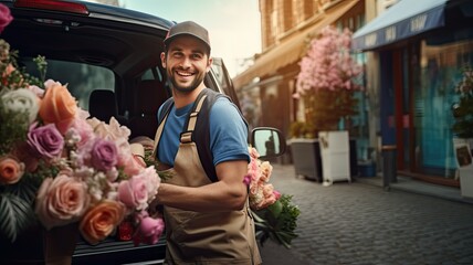 a delivery man standing next to a car, holding a vibrant bouquet of fresh, beautiful flowers. The photo should capture the moment of handoff, showcasing the beauty of the flowers against