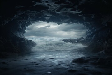 Fototapeta premium Luminous Sea wave photo from cave. Rock scenic. Generate AI