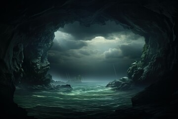 Fototapeta premium Mystical Sea wave photo from cave. Rock scenic. Generate AI