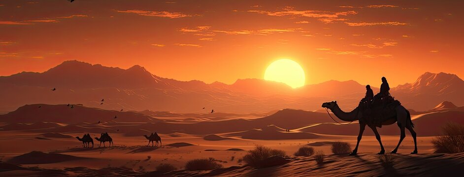 a caravan of Indian camels, led by experienced camel drivers, traversing the mesmerizing desert sand dunes at sunset. The warm hues of the setting sun should paint a stunning backdrop.