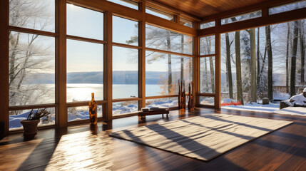 View from a winter garden outside onto a winter landscape