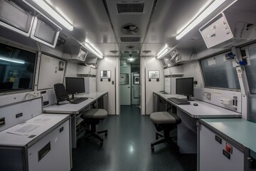 An independent mobile emergency room for management. The inner space of the emergency control room. Generative AI