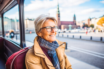 Woman traveling in Stockholm. Happy older traveler exploring in city.
