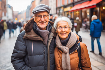 Multiethnic couple traveling in Stockholm. Happy older travelers exploring in city.