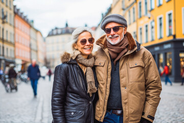 Multiethnic couple traveling in Stockholm. Happy older travelers exploring in city.
